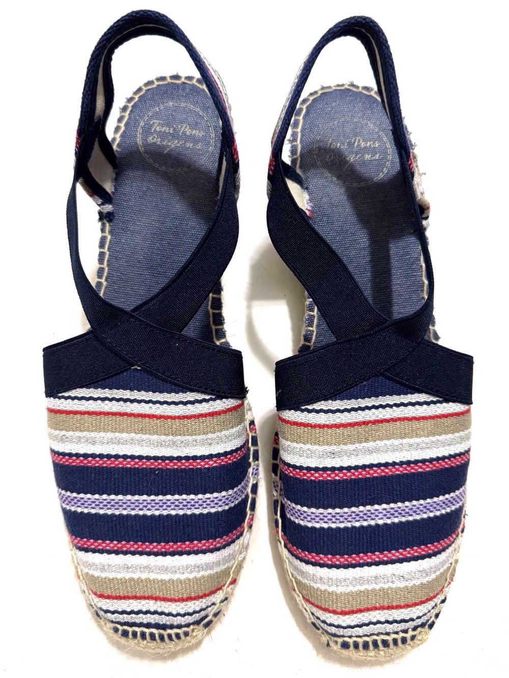 Toni Pons Tarbes Espadrille Wedge Sandals in Navy Red Stripes Size 10